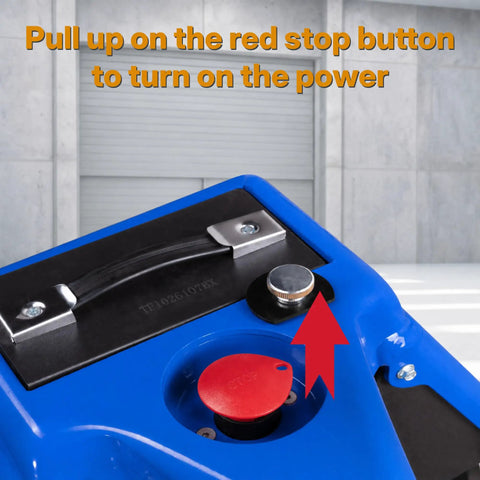 Heavy Duty Electric Pallet Jack With 3,300 Lbs Capacity And 48V Lithium Battery top view showing power controls and stop button.