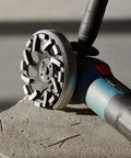 Side view of Diamond Concrete Grinding Wheel 5 Inch Cup Wheel attached to a grinder, used for stone, concrete, and cement removal.