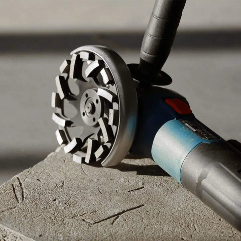 Side view of Diamond Concrete Grinding Wheel 5 Inch Cup Wheel attached to a grinder, used for stone, concrete, and cement removal.