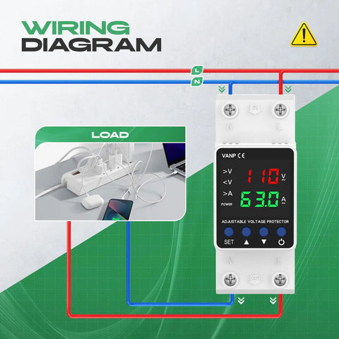 Adjustable Voltage Protector Built Tough With 110V And 1 To 63A Smart Circuit Breaker Overcurrent Protection Low Voltage Cutoff 80 To 110V High Voltage Cutoff 130 To 150V DIN Rail AC Disconnect wiring diagram with load and display