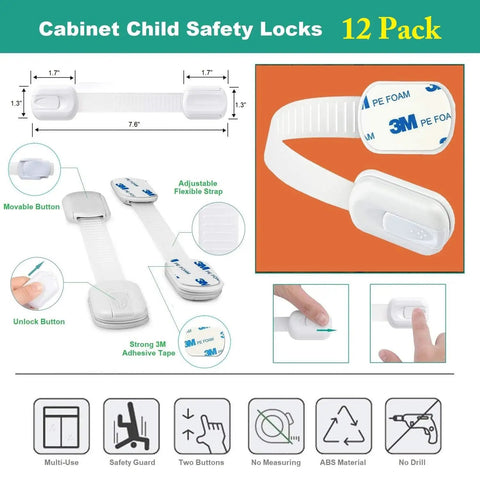 12 Pack Adhesive Baby Proof Cabinet Locks For Drawers Cabinets Dishwashers Fridges And Ovens No Drill Easy Install Kidproof Safety Straps White shown with installation instructions and features