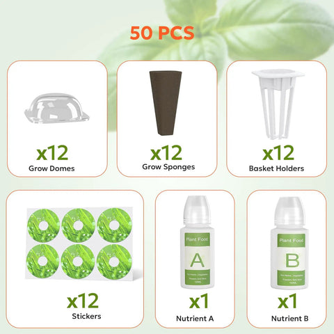 Grow Anything Hydroponic Seed Pod Kit For Indoor Herb Garden 50 Pieces With Sponges Baskets Germination Domes Plant Labels Stickers And A B Nutrient Plant Food For Easy Starter Seed Growing