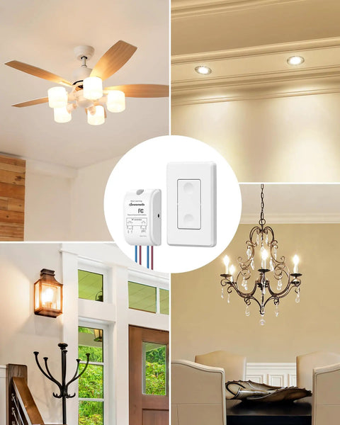 Wireless Light Switch Kit No Wiring Required 10A 1000W With Remote Control For Ceiling Lights Fans And Lamps 100 Ft RF Range No Fuss Install Between Power And Fixtures