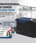 Dual Sided ID Card Printer With Complete Supplies Kit And Silver Edition Software Drops Knockout One Pass Prints At 300 DPI, showcasing vibrant badge printing.