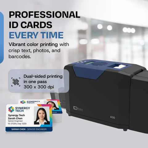 Dual Sided ID Card Printer With Complete Supplies Kit And Silver Edition Software Drops Knockout One Pass Prints At 300 DPI, showcasing vibrant badge printing.