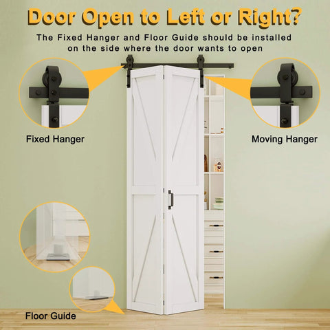 Space Saving 64 By 84 Inch Pre Assembled Solid Core Bifold Barn Door With White Primed Finish Folding Barn Door Kit Included For Closet Pantry Laundry Office Study And More front view installed in modern setting