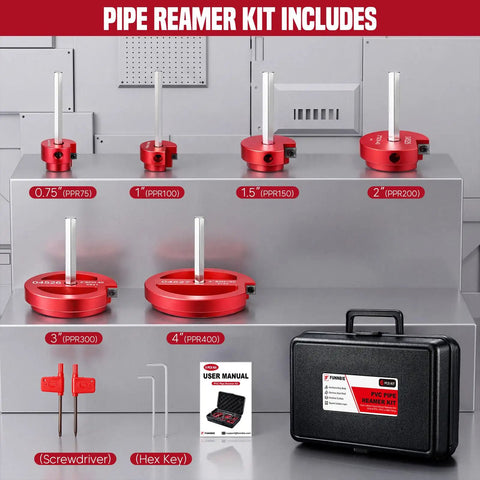 PVC Pipe Reamer Kit For Sch 40 CPVC ABS displayed with various reamer sizes, screwdriver, hex key, and carrying case.