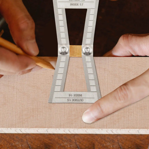 Top Tier Dovetail Marker And Joinery Guide With Dead Accurate Scale Marks marking precise lines on wood with pencil.