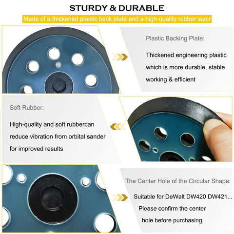 Close-up of Five Inch Hook And Loop Replacement Sander Pad For Orbit Sanders 343 343K 390 390K 382 343VSK with 8 holes.