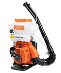 Gas Powered Backpack Fogger With 2.13kW Power And 3.7 Gallon Sprayer Tank in orange and white with leaf blower style nozzle