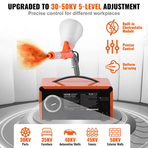 Vevor 50Kv Electrostatic Powder Coating Kit With Foot Switch And Spray Gun For Home Diy Projects Heavy Duty Equipment showcasing adjustable spray nozzle.
