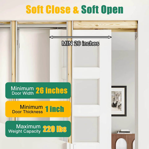 Pocket Door Hardware Kit With Soft Close And Soft Open, Smooth Sliding 72 Inch Door Rail Set, Top Mounted System, installed display