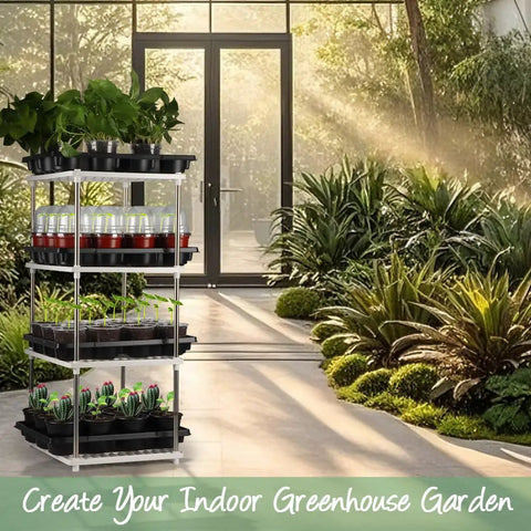 60 Pack 4 Inch Nursery Pots With Humidity Domes And 5 Pack 12 Cell Seedling Trays on metal shelves in indoor garden setting