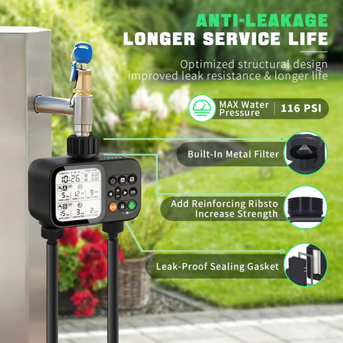 2 Zone Hose Timer With Auto Rain Delay featuring 3.3-Inch LCD display, attached to a faucet, showcasing IP54 waterproof design.