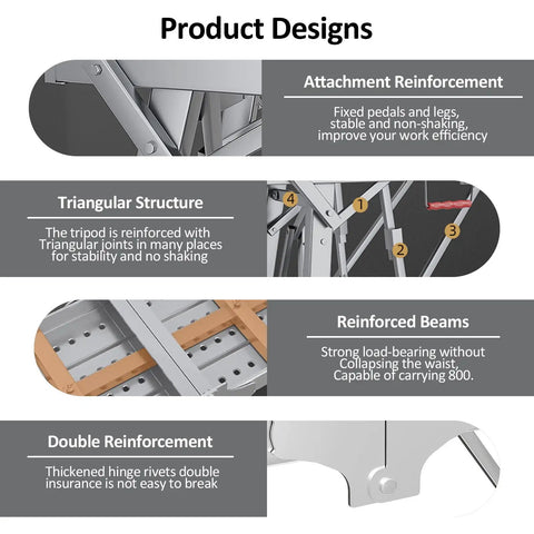 Heavy Duty Portable Scaffolding And Adjustable Work Platform With Rock Solid Stability and Zero Sweat Folding Setup for Ace Ceiling Jobs showing triangular structure and reinforced beams.