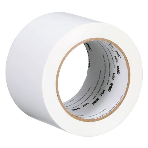 Vinyl Tape 764 General Purpose White 3 Inch By 36 Yard Roll for floor marking and social distancing use, angled view