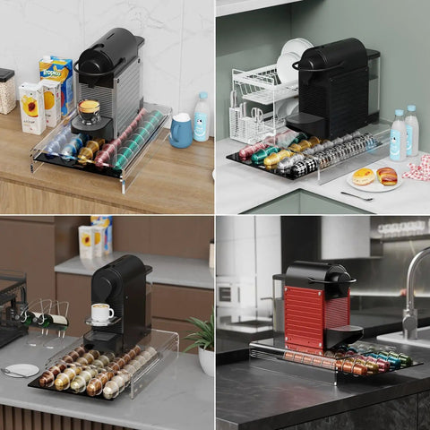 Clear Acrylic Coffee Pod Holder With 40 Pod Capacity For OriginalLine Capsules on various countertops
