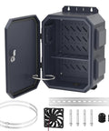 Heavy Duty Outdoor Electrical Enclosure Box Built Like A Tank From Rugged Cold Rolled Steel With Removable Back Panel For No Sweat Wire Setup And Pro Grade Rust Proof Weather Shielding, showing interior and accessories.