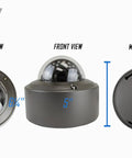 Three views of 5MP H.265 Weatherproof IP Dome Camera with 4X Optical Motorized Zoom 2.8 to 12mm Lens, showing dimensions and mounting holes.