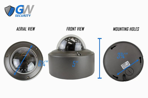 Three views of 5MP H.265 Weatherproof IP Dome Camera with 4X Optical Motorized Zoom 2.8 to 12mm Lens, showing dimensions and mounting holes.