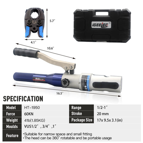 Workhorse Copper Pipe Press Tool For Viega ProPress Fittings with case and die set, rotatable head, aluminum alloy build.