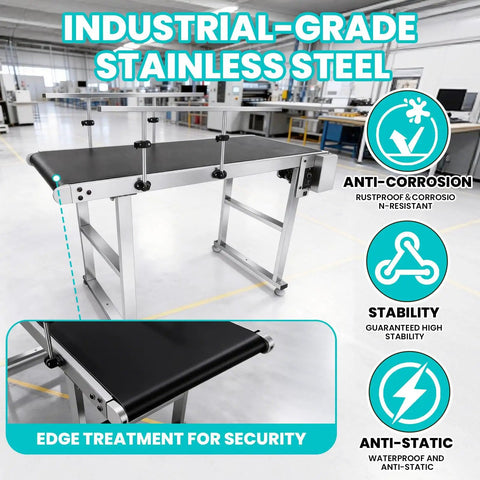 Heavy Duty Workhorse Electric Conveyor Belt With Hassle Free Adjustable Speed And Anti Static PvC Track Rolling Smooth On A Beefy Stainless Steel Base For Worry Free Daily Shipping Grind, industrial-grade design with anti-corrosion features.