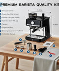 Top Shelf 20 Bar Espresso Maker With Built In Coffee Grinder And Pro Steam Frother For Cafe Quality Shots Featuring 30 Precision Grind Settings And Durable Stainless Steel Black Finish placed on a wooden table with accessories.