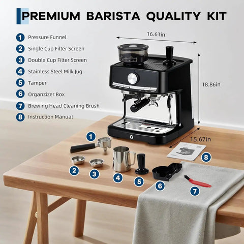 Top Shelf 20 Bar Espresso Maker With Built In Coffee Grinder And Pro Steam Frother For Cafe Quality Shots Featuring 30 Precision Grind Settings And Durable Stainless Steel Black Finish placed on a wooden table with accessories.