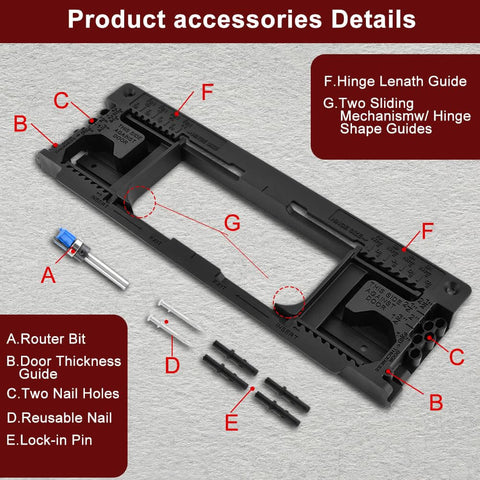 Heavy Duty Hinge Jig Kit For Doors With Eight Size Options From Two Point Five To Six Inches And Five Thicknesses Includes Router Mortise For Precise Install
