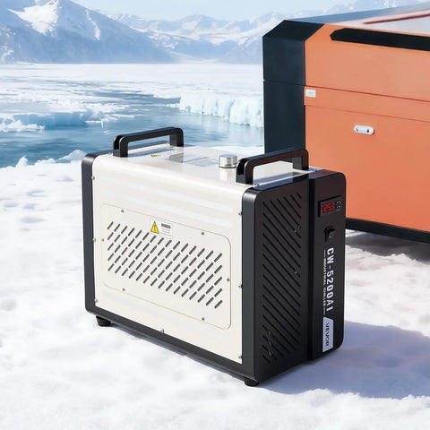 Heavy Duty Industrial Water Chiller Packing 5460 Btu Hourly Cooling Power Features Slick Dual Temp Regulation And 4 2 Gpm Peak Flow To Keep Your Laser Engraving And Cutting Rigs Running In Beast Mode on snowy ground.