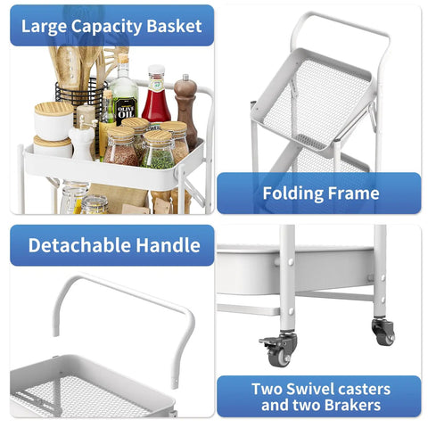 Foldable 3 Tier Rolling Cart With Handle No Assembly Required Heavy Duty Metal Utility Trolley showcasing features and use