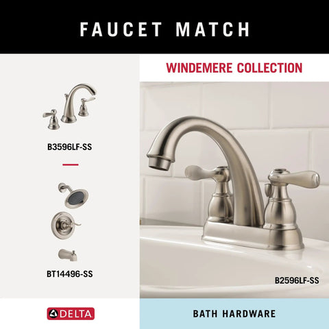 Windemere collection brushed nickel faucets on display for bathroom sinks.