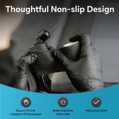 Nitrile gloves on hands, black disposable XL, front view handling a textured Velcro strap