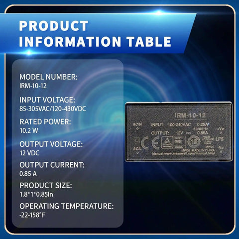 Product information table for Rock Solid Industrial Ac Dc Switching Power Supply 12 Volt 10 Watt Converter with specifications.