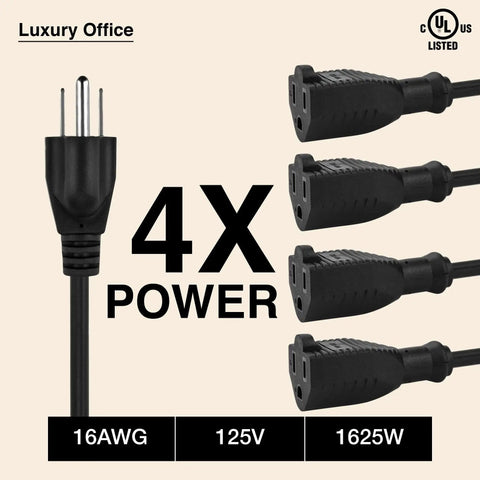 4 Way Power Splitter Turns A Single Outlet Into Four Independent Outlets For A Cleaner Desk Setup With A Compact 1.5 Foot Y Style Extension Cord UL Listed 3 Prong Plug Black SJT 16 AWG, black