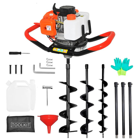 Beast Of A Gas Powered Post Hole Digger With 62cc Two Stroke Engine Earth Auger Kit Includes 3 Drill Bits 3 Inch 6 Inch 8 Inch And 3 Extension Rods For Fence Posts Trees And Garden Projects showing auger, toolkit, and accessories