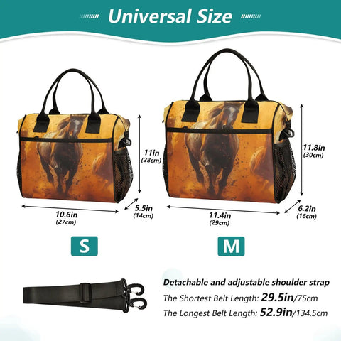 Size comparison of insulated lunch cooler tote bag for outdoor picnics and camping, keeps food hot or cold with durable nylon shell