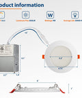 Diagram showing dimensions of Six Pack 4 Inch Dimmable LED Recessed Downlights With 2700K 3000K 3500K 4000K 5000K Color Temperature Adjustable Slim Canless Ceiling Light With Junction Box Easy Install 800 Lumens 9W Equivalent to 75W Damp IC Rated ETL