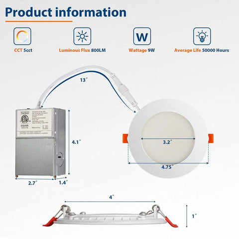 Diagram showing dimensions of Six Pack 4 Inch Dimmable LED Recessed Downlights With 2700K 3000K 3500K 4000K 5000K Color Temperature Adjustable Slim Canless Ceiling Light With Junction Box Easy Install 800 Lumens 9W Equivalent to 75W Damp IC Rated ETL