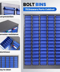 Heavy Duty Built Tough 75 Drawer Parts Cabinet With Removable Dividers, showcasing rust prevention and corrosion resistance features.