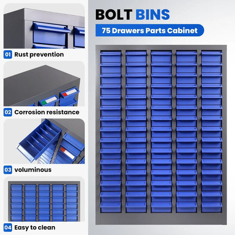 Heavy Duty Built Tough 75 Drawer Parts Cabinet With Removable Dividers, showcasing rust prevention and corrosion resistance features.