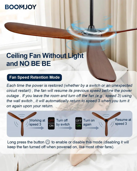 BOOMJOY 72 Inch Ceiling Fan No Light, Wood Outdoor Ceiling Fans for Patios showing fan speed retention mode with wooden blades.