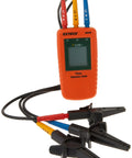 Phase Sequence Tester With LED Indicators For Onsite Checks Verifies Three Phase Wiring Instantly, Confirms Live Wire Status And Motor Rotation Direction Before Startup, Compact CAT III 600V Electrical Tool with red, yellow, blue clamps and LED display
