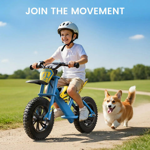 Child riding S1 Kids Electric Balance Bike With 200W Motor And 3 Kid Friendly Speed Modes Up To 10 MPH 12 Inch Pneumatic Tires