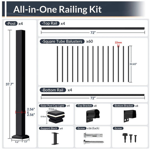 Rock Solid Modular Aluminum Deck Railing Kit With Built In Lighting 36 By 6 Feet Four Pack includes posts, rails, balusters, and brackets.