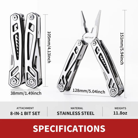 21 In 1 Stainless Steel Multitool With Pliers And Pocket Knife With Measurements And Specifications
