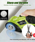 Heavy Duty Cordless Electric Scissors 4v Rechargeable Rotary Cutter cutting through a clear surface with a spare blade visible.