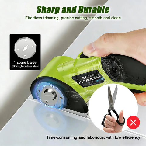 Heavy Duty Cordless Electric Scissors 4v Rechargeable Rotary Cutter cutting through a clear surface with a spare blade visible.