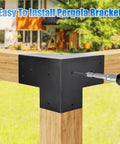4 Pack 3 Way Right Angle Pergola Brackets With Black Powder Coat Finish for DIY woodworking shown attached to wooden post