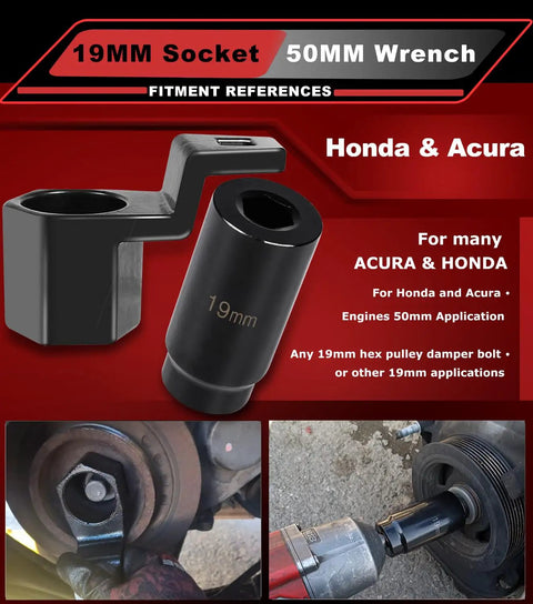 19mm Harmonic Balancer Socket And 50mm Crank Pulley Wrench Holder Kit For Honda And Acura Engines, showing tool usage and specifications.